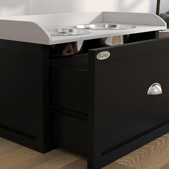 PawHut Dog Feeding Station with Storage Drawer, Elevated Dog Bowls for Large Dogs, White and Black