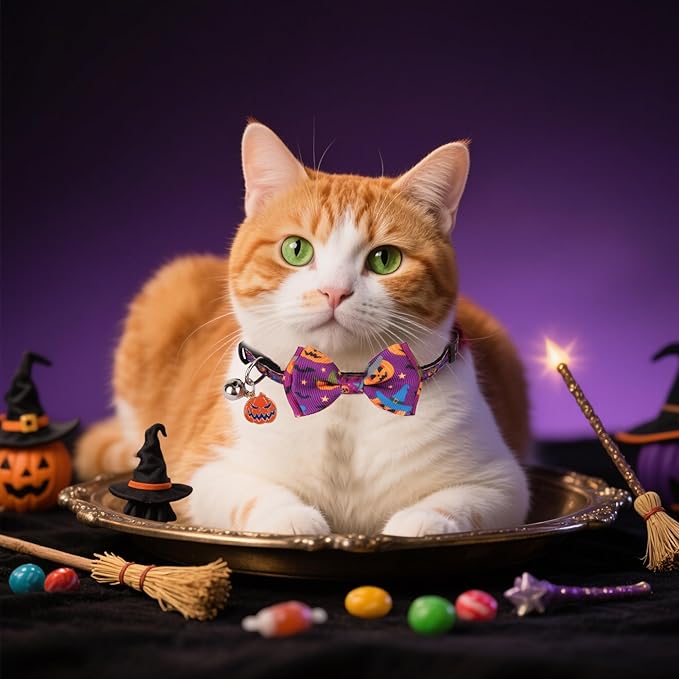 ADOGGYGO Halloween Cat Collars with Bow Bell, Orange Purple Pumpkin Bowtie, Breakaway Halloween Collars for Cats Kittens