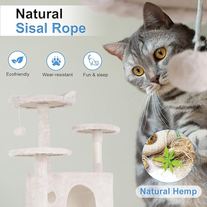 FDW | 54" Cat Tree Tower | Beige | Multi-Level Indoor Activity Center with Sisal Scratching Posts, Condos, Plush Perches, Hanging Cat Toys | Sturdy, Easy to Assemble | for Kittens & Adult Cats