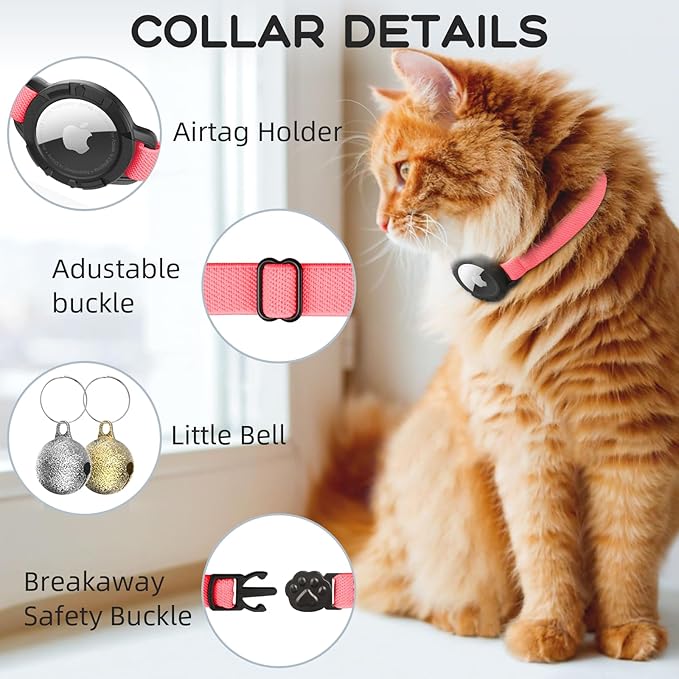 AirTag Cat Collars, Stretchy Collar with Apple AirTag Holder and Bell, Breakaway Ultra Design Elastic GPS Tracking Collars for Cats and Puppies, (7.5-12.5 Inch), Hot Pink