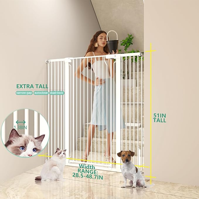 51" Extra Tall Cat Gate 28.5"-48.7" Wide, Auto Close, Pressure Mounted, for Cats & Small Dogs, Hallway, Stairs, Kitchen, Not Baby Gate,White