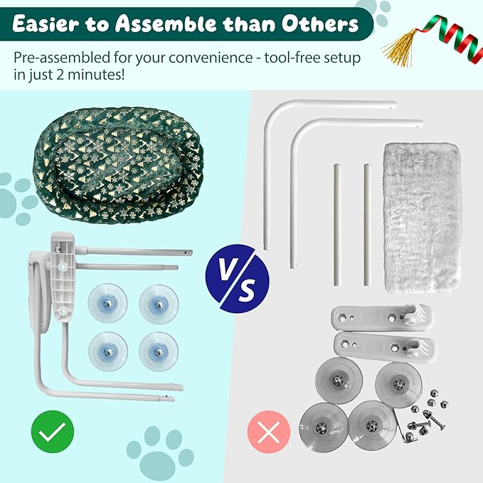 L&W BROS. 2-Pack Foldable Cat Window Perches with Christmas Cushion Bed – Easy to Assemble Cats Hammock for Window, Warm Indoor Cat Beds for Large Cats, Edition(L 2Pc)