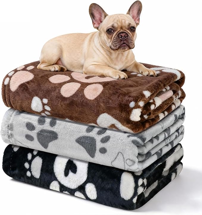 Premium Dog Blankets for Small Dogs & Cat Flannel Blanket Washable, Soft Pet Throw Cover for Kennel Crate Bed, Cute Paw Pattern, 31x23 inch,Black/Grey/Brow
