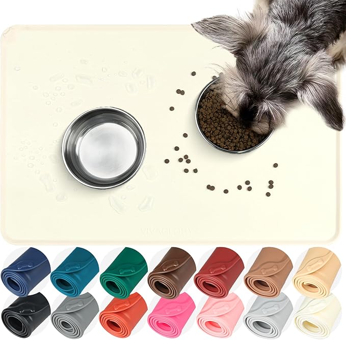 VIVAGLORY Dog Food Mat Flexmat Dog Bowl Mat, Placemat Food Tray with Raised Edges & Lip for Indoor Floor, Non Slip Waterproof Silicone Dish Placemat for Cat & Pet, S, Ivory