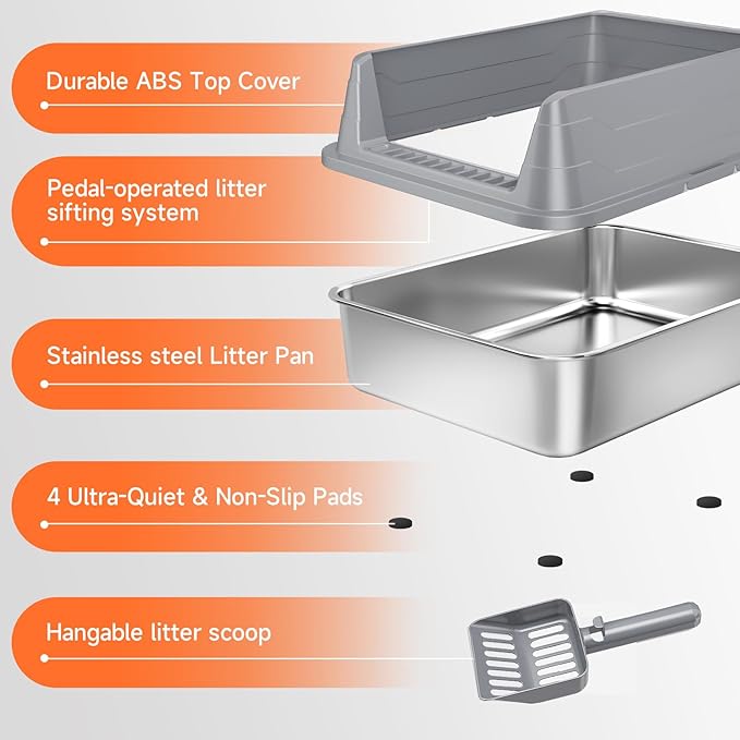 Stainless Steel Cat Litter Box, Odor Free Metal Litter Box with High Sides Lid, Open Top Low Entry Litter Pan Include Scoop Easy Cleaning Anti-Scratch Kitty Cat Box Anti-Urine Leakage, Non-Sticky