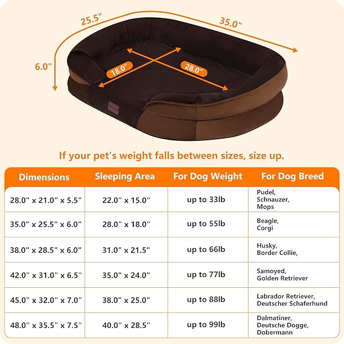 Dwanton Orthopedic Dog Bed for Medium Dogs with Gel Memory Foam, Waterproof Dog Sofa, Washable Pet Bed with Four Sided Bolster Cushion, Removable Cover & Non-Slip Bottom, 35", Brown