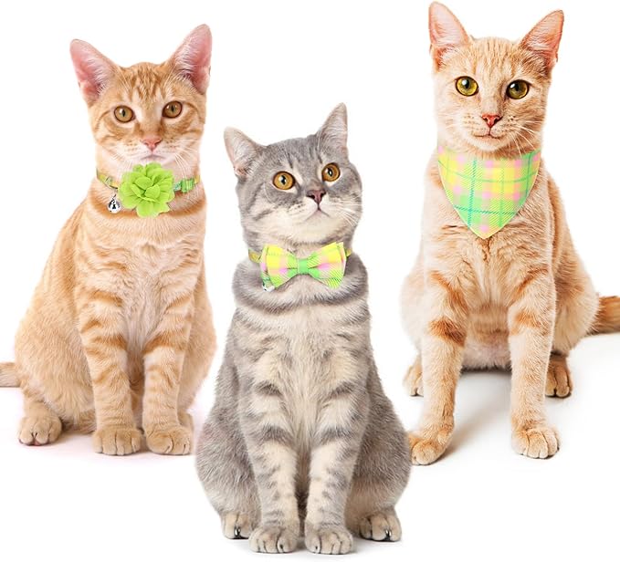 Breakaway Cat Collars with Bell & Cute Pendants - 3 Pack Adjustable Safety Kitten Collars - Decoration for Girl Boy Cats Puppy and Small Pets (Style C - Green Plaid)