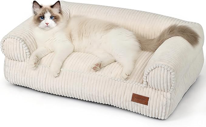 FUKUMARU Dog Couch Bed, Corduroy Cozy Cat Bed for Indoor Cats with Washable Cover, 28in Waterproof Orthopedic Dog Beds Sofa for Small Dogs and Large Cats, Cute Warm Cotton Pet Sofa, Cream