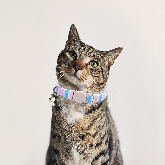 Elegant little tail 2 Pack Cat Collar-Pink Strip Cotton Breakaway Cat Collars with Bell Pendant Kitten for Girl Safety Adjustable Collar for Small Cats Puppy