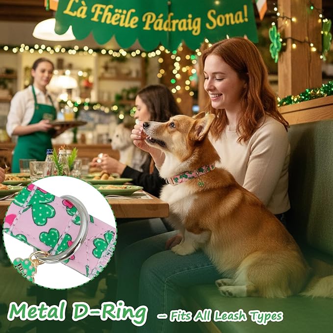 St. Patrick's Day Dog Collar,Pink Bow with Lucky Shamrock Puppy Collar,Adjustable Spring Cotton Collars Gifts for Small Medium Large Dogs,Dog Accessories L