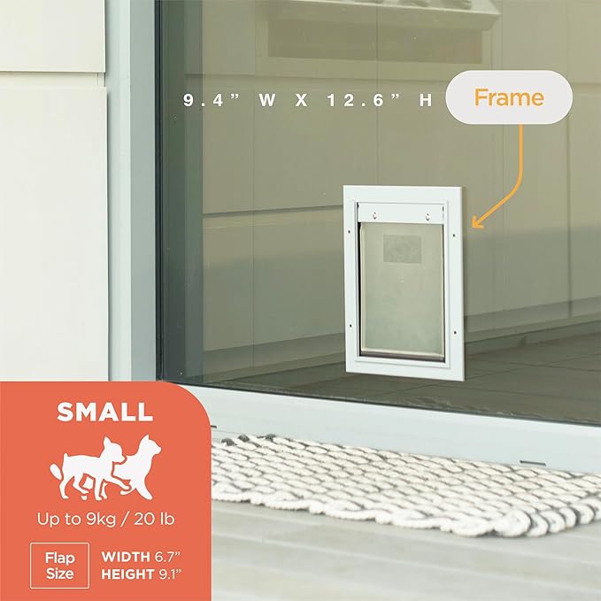 Hakuna Pets Deluxe Aluminum Pet, Cat and Dog Door with 2-Way Locking Panel for Screens, Doors and Walls up to 2.8" Thick, Small, Silver