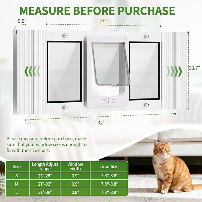 Aluminum Frame Cat Door for Window with Magnetic Auto Closure, Adjustable Width Quick-Fit Pet Door for Window Insert, Suitable for Most Medium Cats & Small Dogs (27''-32'')