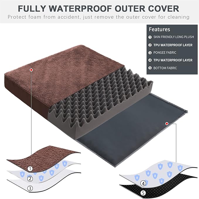 MIHIKK Waterproof Dog Bed Large Size Dog Orthopedic Pet Beds for Crate with Removable Washable Cover Egg-Crate Foam Pet Pad Mat with Anti-Slip Bottom, 36x27 Inch, Brown