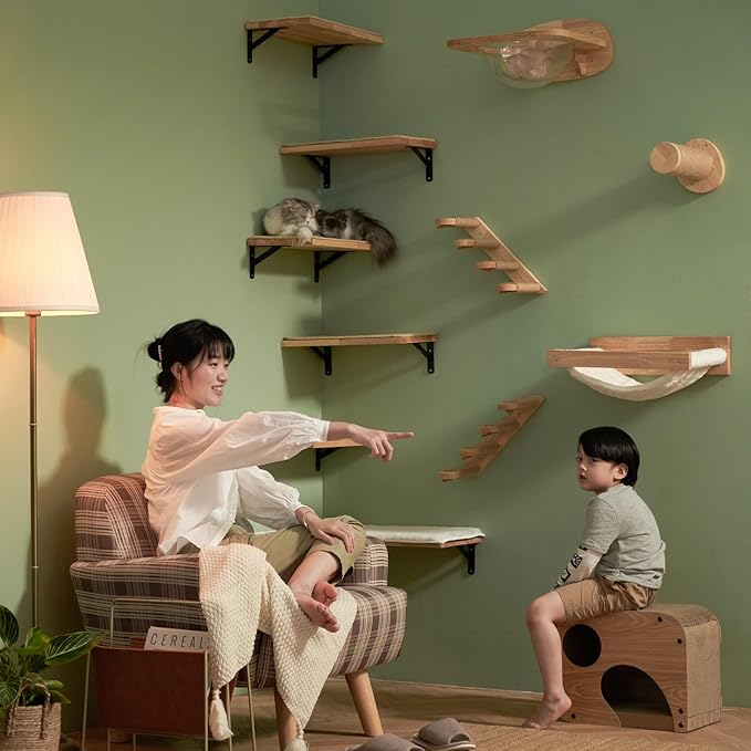 FUKUMARU Cat Wall Shelves, 17 x 10 Inch Cat Walls Furniture with Sisal Mat, Solid Rubber Wood Floating Shelf with Upgraded Installation, Kitten Wall Tree for Sleeping, Playing and Scratching