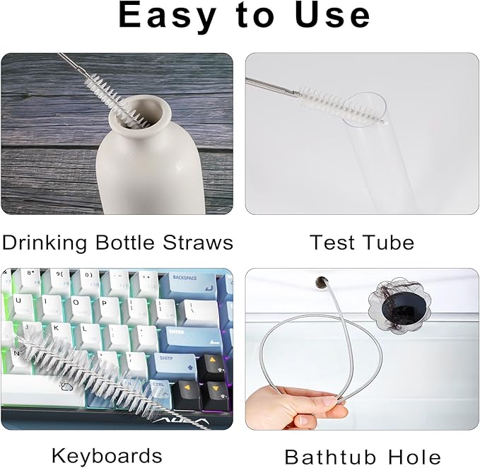 CiaraQ Bottle Cleaning Brushes, 8 Inch Nylon Tube Brush Set & A Flexible Long Drain Brush 60 inch, Cleaner for Narrow Neck Bottles Cups with Hook, Set of 11pcs, White