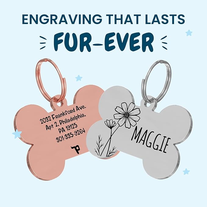PawFurEver Custom Engraved Pet ID Tag – Personalized Dog Name Tag for Dogs and Cats, Stainless Steel Collar Accessory with Cute Designs for pet Name Tags (Bone, Silver) 15.95