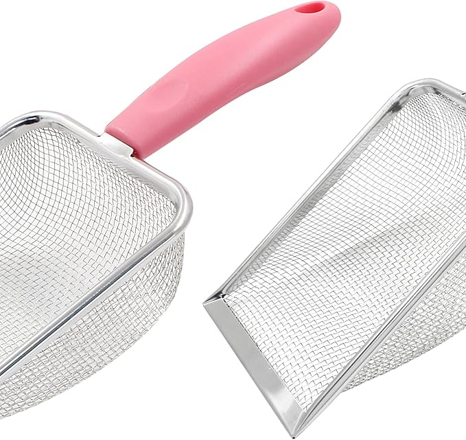 Hordion Cat Litter Scoop Stainless Steel Mesh Scooper, 2mm Mesh Non-Stick Coated Metal Litter Shovel Fine Sand Litter Scooper for Litter Box Kitten Pooper Lifter, Pink