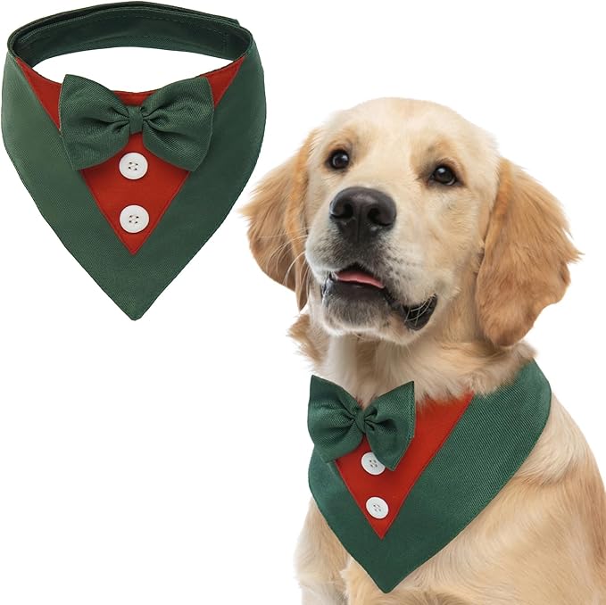 FUAMEY Dog Tuxedo Christmas for Large Dogs,Dog Formal Suit Dogs Attire Pet Bow Tie Puppy Party Costumes Cat Tux Outfits Pets Bandana Cosplay Adjustable Bowties Christmas Green Red XL