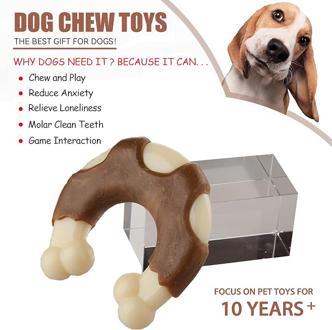 Durable Nylon Dog Bones, 2 Pack Dog Toys for Aggressive Chewers, Beef-Flavored U-Shaped Bone Chew Toys for Largel/Medium/Small Dogs, Teething and Boredom Relief