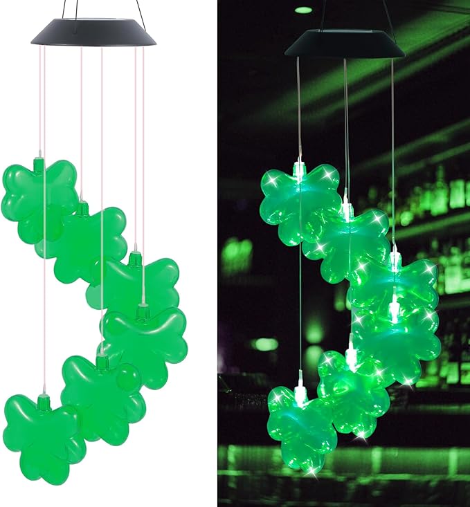 St. Patrick's Day Solar Shamrock Wind Chimes, Green Shamrock Solar Lights Outdoor Mobile Wind Chime for Party Window Garden Yard Decorations, Birthday Irish Gifts for Mom Women Grandma