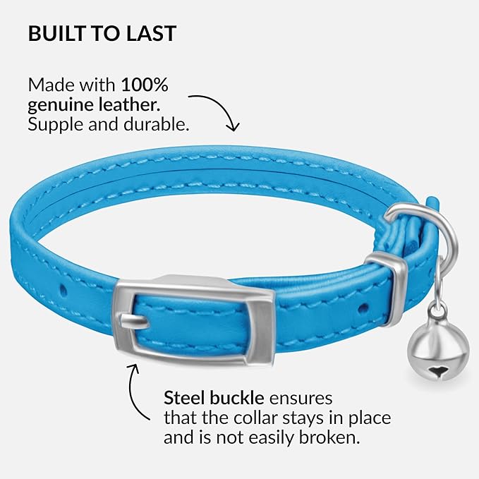 CollarDirect Leather Cat Collar with Bell - Kitten Collar, Small and Big Cat Collar for Boy Cats, Girl Cats with Safety Elastic Strap (Neck Fit 6"-7", Light Blue)