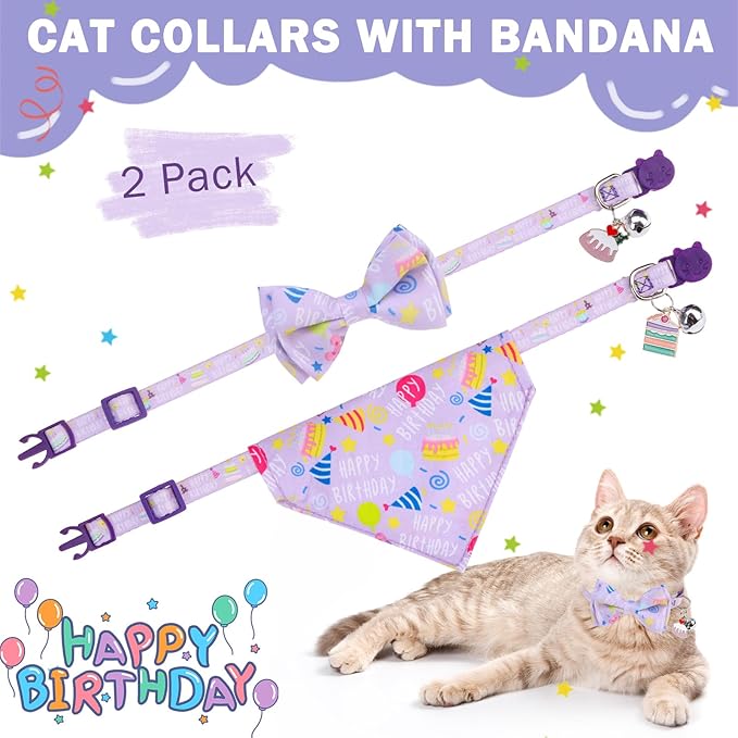 SCENEREAL Cat Bandana Collar for Birthday - 2 Pack Breakaway Kitten Collars with Bell Bowtie, Accessories for Pet, Adjustable Cute Cat Collars for Cats and Small Dogs Boys Girls, Purple