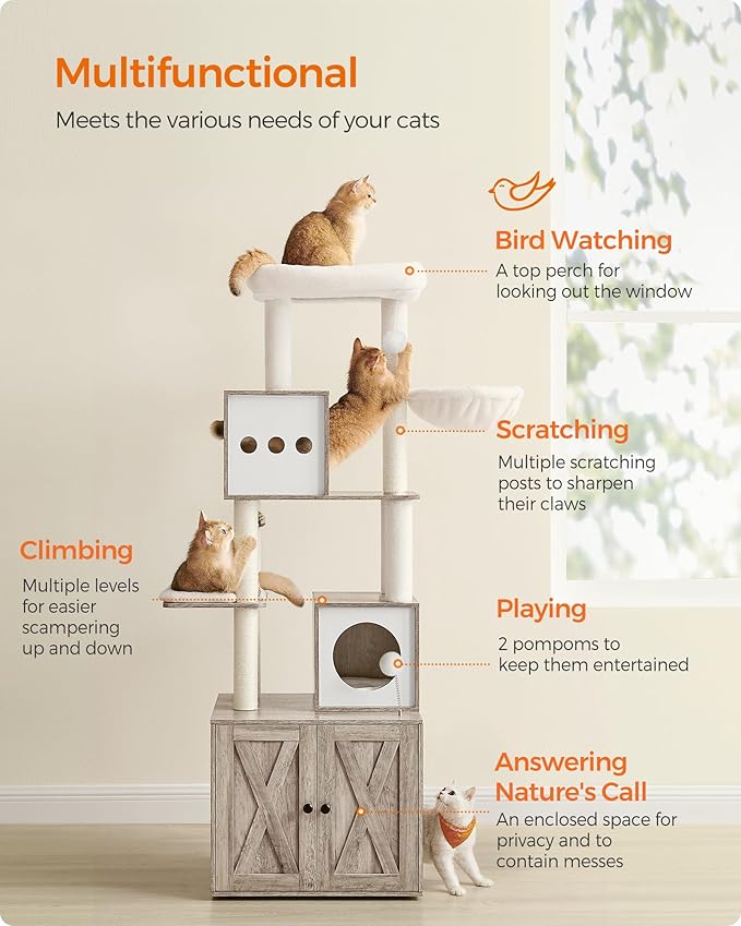 Feandrea Cat Tree with Litter Box Enclosure, 70.1-Inch Tall Cat Tower, 2-in-1 Modern Condo with Scratching Posts, Perch, Caves, Basket, Washable Cushion, Heather Greige UPCT116G01