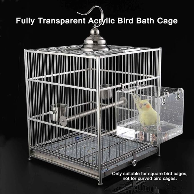 Hanging Cube Bird Bath Cage, Transparent Bird Bathtub Bath Shower with Stainless Steel Hooks for Small Bird Canary Parakeet Budgerigar Parrots Crested Myna Cockatiel Lovebird (Small)