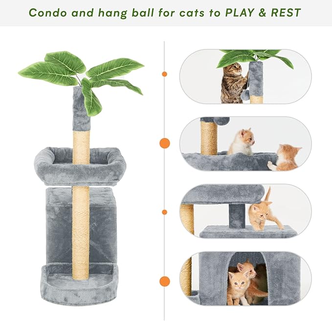 31.5in Multi-Level Cat Tower with Sisal Scratching Posts, Hidden Cave & Perch Platform, Large Cat Condo for 1-3 Cats, Eco-Friendly Pet Furniture with Realistic Leaves, Grey