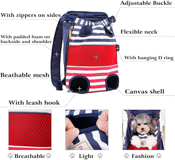 Lifeunion Legs Out Dog Carrier Backpack Hands-Free Adjustable Pet Travel Carrier for Small Medium Dogs Cats Motorcycle Hiking Walking (Red and Blue Stripes)