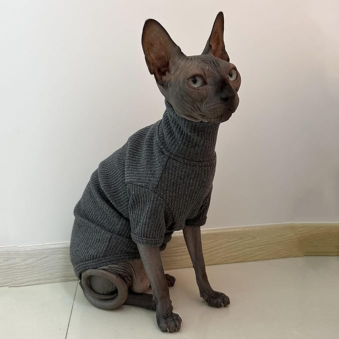 Sphynx Cats Shirt Cat Turtleneck Cotton Sweater Pullover Kitten T-Shirts with Sleeves Cat Pajamas Jumpsuit for Sphynx Cornish Rex, Devon Rex, Peterbald (XX-Large (Pack of 1), Deep Grey)