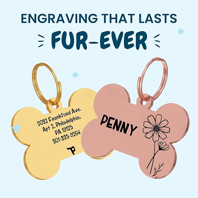 PawFurEver Dog & Cat Tags - Personalized Engraved Custom Name Tags - Stainless Steel - Rose Gold Bone Shapes