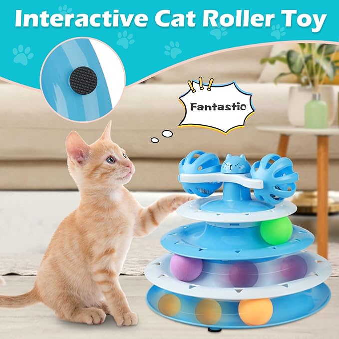UPSKY Cat Toy Roller 4-Level Turntable Cat Toy Balls with Three Colorful Balls and Bell Ball X Turntable Interactive Kitten Fun Mental Physical Exercise Puzzle Toys