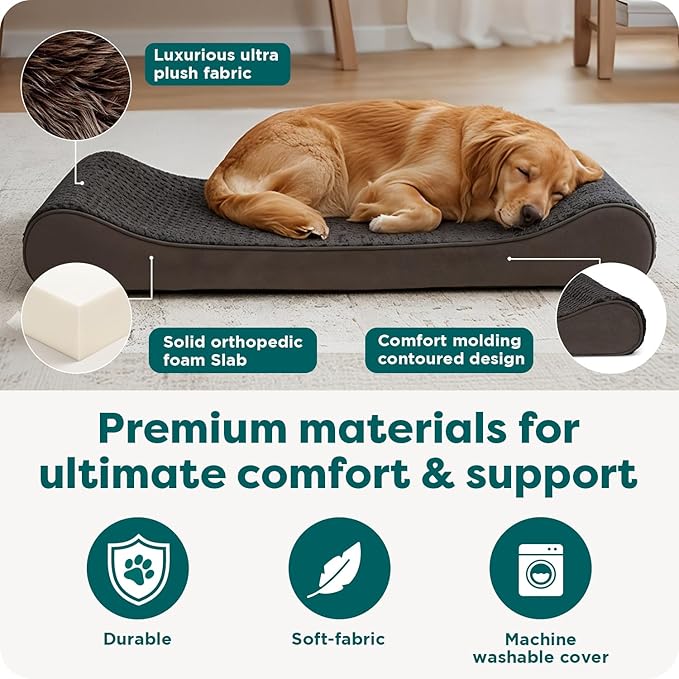 Furhaven Orthopedic Dog Bed for Large Dogs w/ Removable Washable Cover, For Dogs Up to 150 lbs - Ultra Plush Faux Fur & Suede Luxe Lounger Contour Mattress - Chocolate, Jumbo Plus/XXL