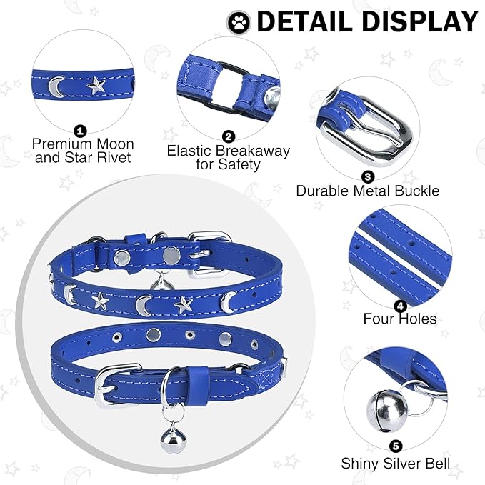 Leather Cat Collars for Boy Girl Cats with Bell and Safety Elastic Belt, Personalized Star and Moon Stud Adjustable Safe Buckle Collar for Kitty Small Big Cats Size 7-9 Inch, Blue