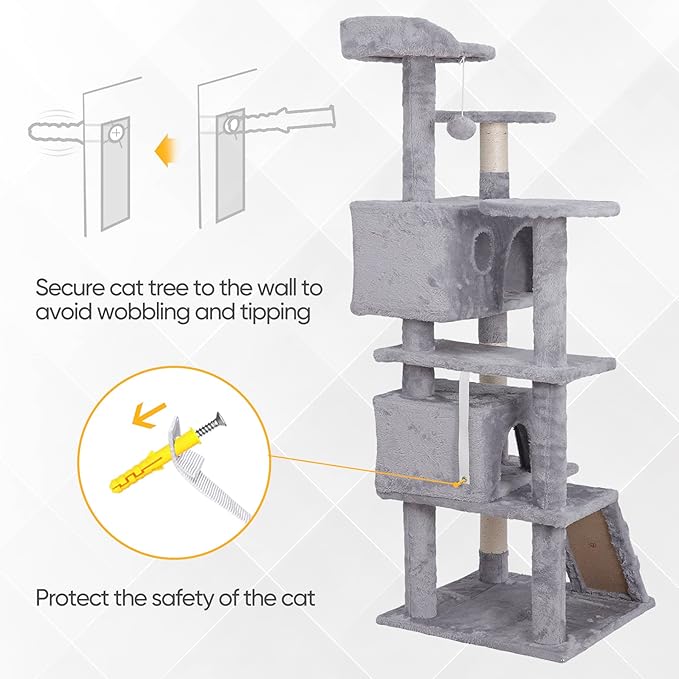 Multi-Level Cat Tree Tower with Condos, 54" Tall Cat Activity Center with Plush Perches and Toys, Space Saving Pet Playhouse for Kittens and Cats (Light Grey)