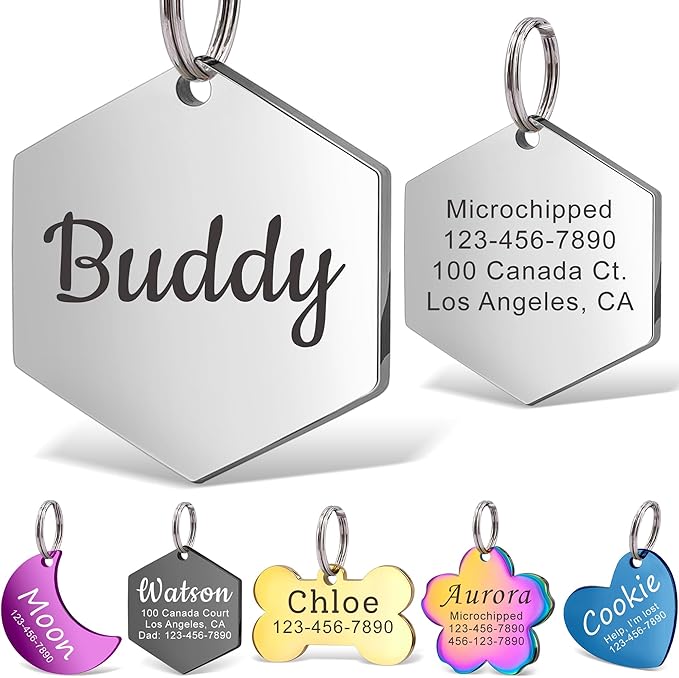 Anavia Personalized Pet ID Tags, Stainless Steel Glossy Laser Engraved Dog Cat Collar Name Tags, Multiple Colors Shapes Sizes (Hexagon, Small)