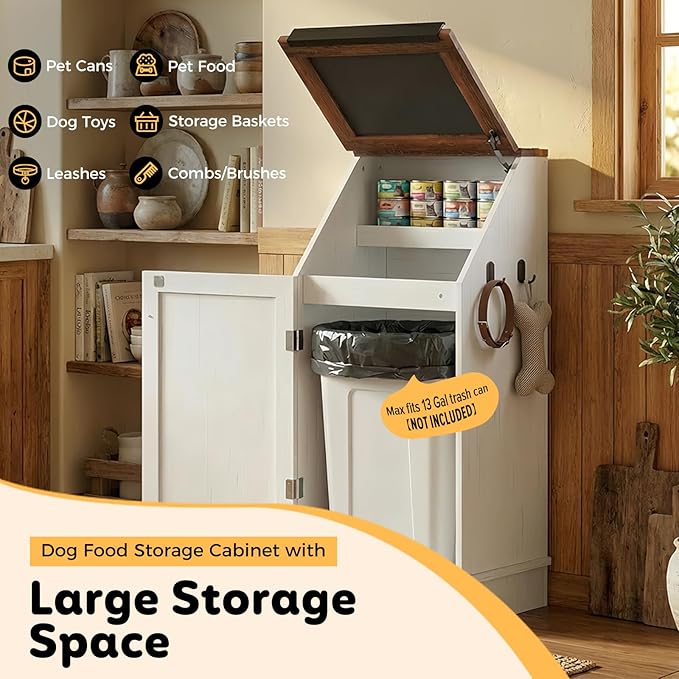 Dog Food Feeding Station with Storage, Pet Food Storage Cabinet with Bowls and Flip-Top Blackboard, Hidden Trash Can, Pet Organizer Cabinet for Dog and Cat, White