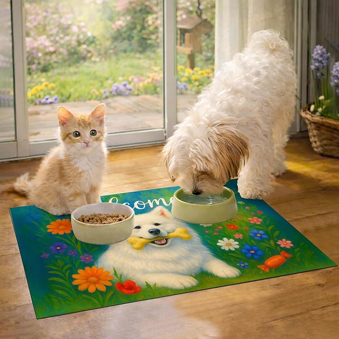 Welcome Spring Pet Feeding Mat 24" x 16"White Dog Floral Design Non Slip Cat and Dog Bowl Mat Easy Clean Pet Mats for Food and Water Fast Dry Pet Food Mat Absorbable Pet Feeding Pad