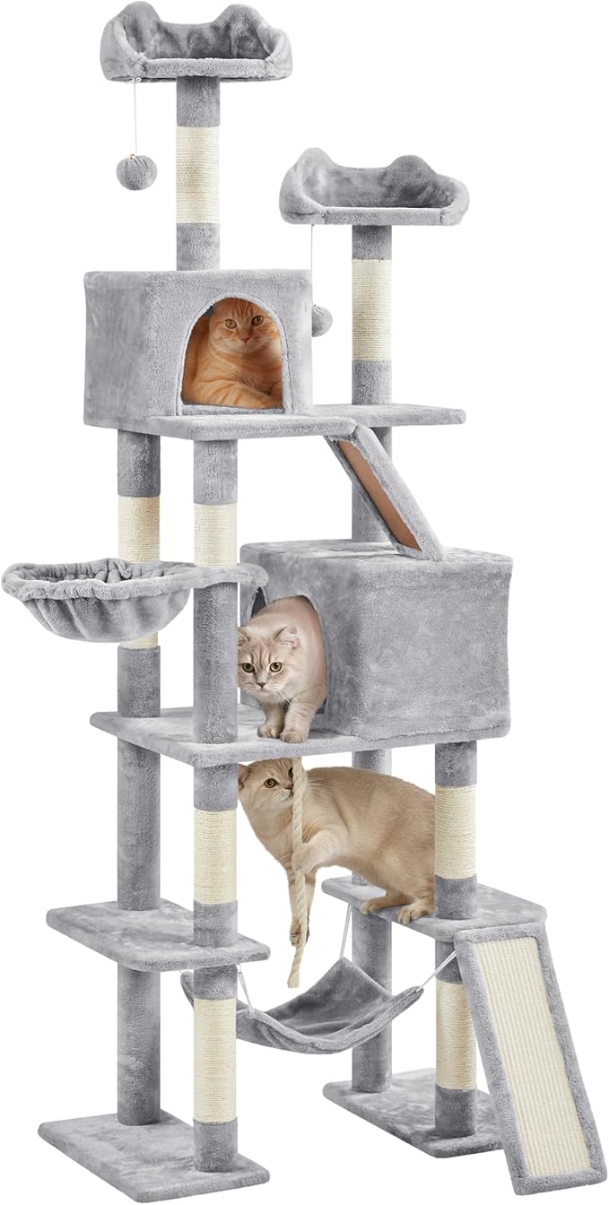 Yaheetech Cat Tree, 82.5in Large Tower w/Hammock, 2 Kitty-Ear Perches, 2 Cozy Condos, Scratching Posts, Basket, Furniture for Large Cats, Kittens, Light Gray