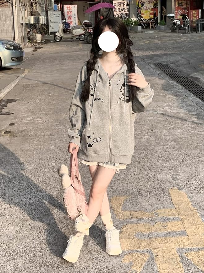 Womens Y2K Zip Up Cute Graphic Hoodies Cat Ears Casual Cartoon Harajuku Kawaii Clothes Oversize Streetwear Jacket