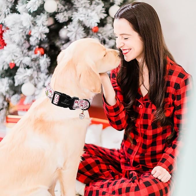 Christmas Dog Collar for Puppy Small Dogs - Cute Santa Print Pink Christmas Collars for Dogs, Soft Adjustable Winter Holiday Dog Collars with Quick Release Buckle XS