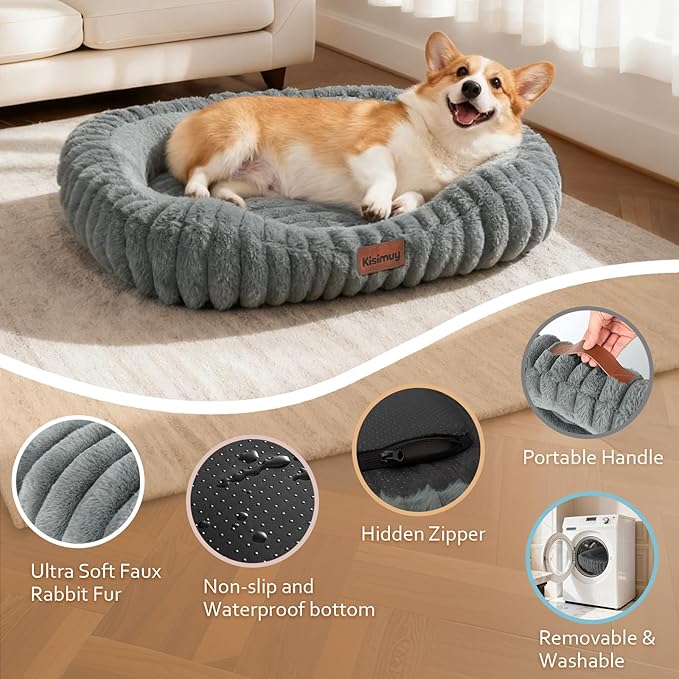 Cute Dog Bed for Medium Dogs, Orthopedic Rectangle Dog Bed with Washable Furry Cover and Anti-Slip Bottom, Soft Calming Puppy Bed with Handle, 30" x 24" x 5", Grey, L