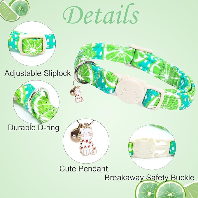 Cat Collar-2 Pack Cute Cat Collars Peach & Lemon Print Breakaway with Kitten and Bell Pendant Safety Buckle Pet Collar Soft Cotton Collar for Cats and Small Pets Gift