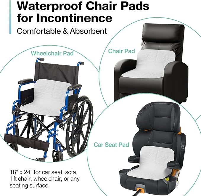 Washable Waterproof Underpads, 24" x 18" (4 Pack) Reusable Incontinence Pads for Chair, Bassinet, Crib, Car Seat, Sofa, Wheelchair, Small Size