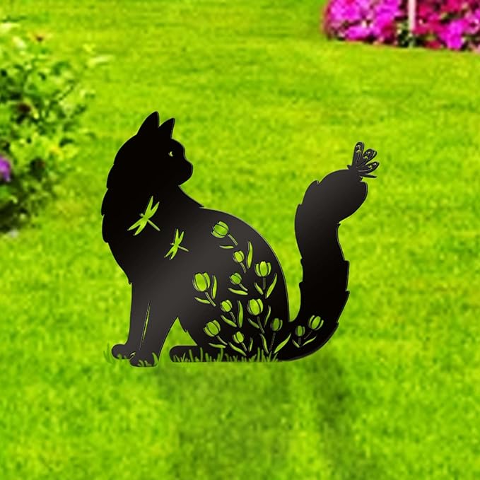 Bnesi Floral Long-Haired Cat Yard Decor Pet Grave Markers Metal Sign Silhouette Garden Ornament Pet Grave Markers Outdoor Cat Memorial Gift Flowerbed Decor (Elegant)