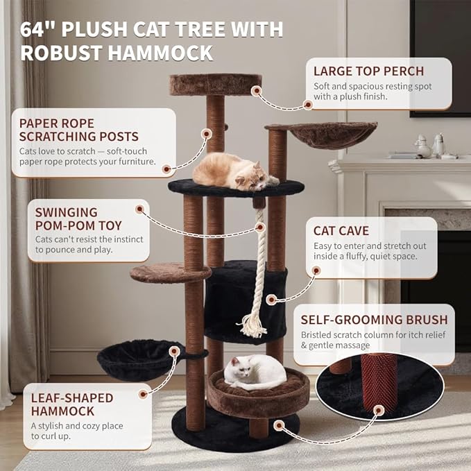 64 in Heavy Duty Cat Tree, Cat Tower for Indoor Large Cats, Multi-Level Cat Furniture with Sisal Scratching Post, Hammock Extra-Large Platform & Condo (Brown)