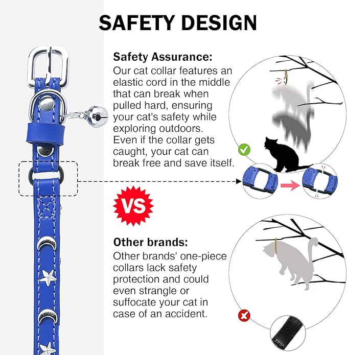 Leather Cat Collars for Boy Girl Cats with Bell and Safety Elastic Belt, Personalized Star and Moon Stud Adjustable Safe Buckle Collar for Kitty Small Big Cats Size 8-12 Inch, Blue