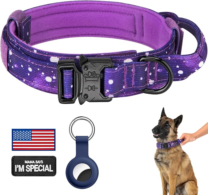 DAGANXI Tactical Dog Collar, Adjustable Military Training Nylon Dog Collar with Control Handle and Heavy Metal Buckle for Medium and Large Dogs, with Patches and Airtags Case (XXL, Purple Sky)