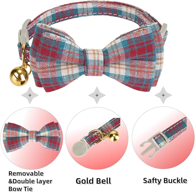 2 Pack Soft Cotton Cat Collars with Bowtie and Bell Breakaway Plaid Cat Kitten Collar(Red and Green)